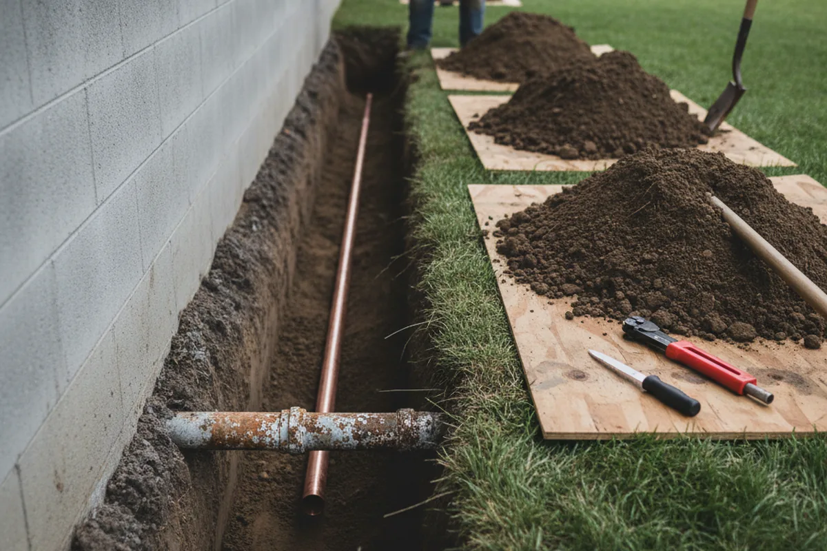 Excavated water line trench during Water Heater Repair in Kingston